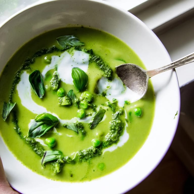 Spring-inspired Courgette, Pea and Pesto Soup blended until smooth and garnished with a dollop of crème fraîche.