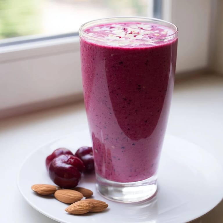 Two glasses of vibrant Cherry Almond Smoothie garnished with almond slices, served alongside a bowl of fresh cherries for a nutritious snack.