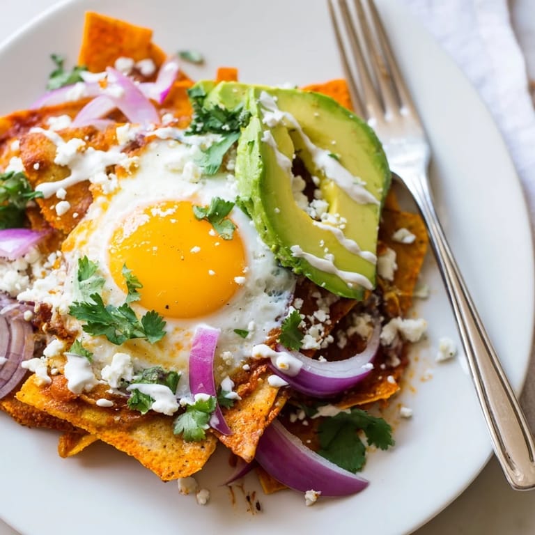 A comforting plate of chilaquiles with creamy avocado, sliced red onion, and a drizzle of sour cream, perfect for a cozy weekend brunch.  