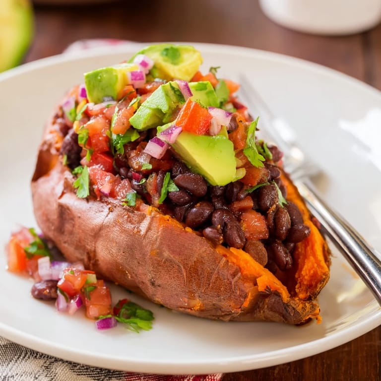 Savory roasted sweet potatoes, chipotle black beans, and zesty tomato salsa, garnished with avocado.