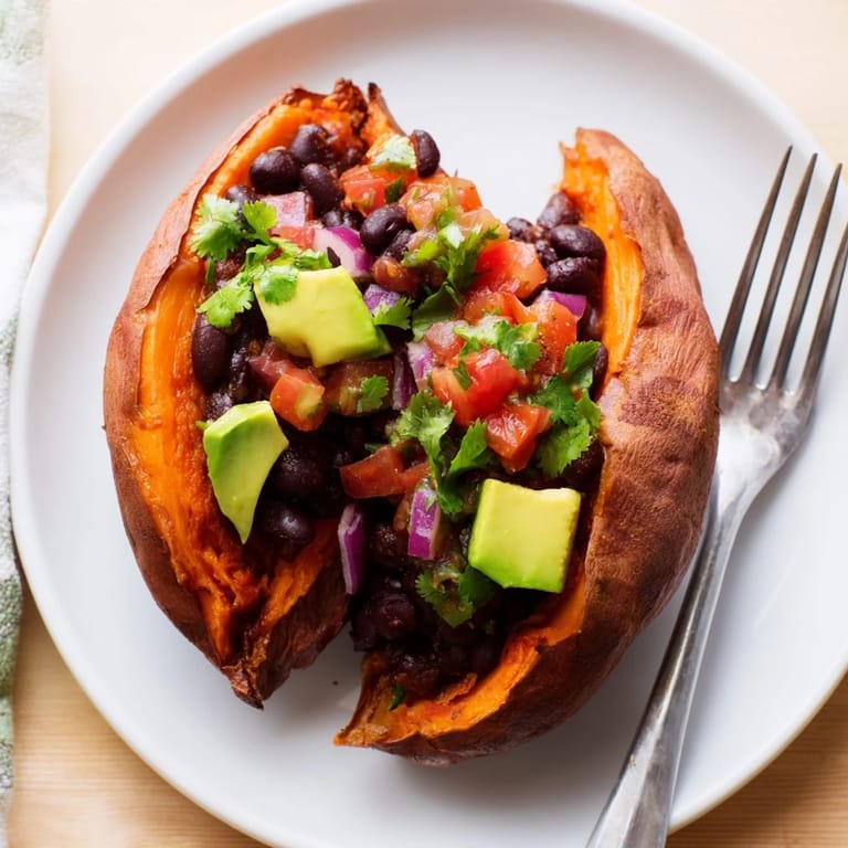 Fiber-rich roasted sweet potatoes with chipotle black beans and zesty tomato salsa.  