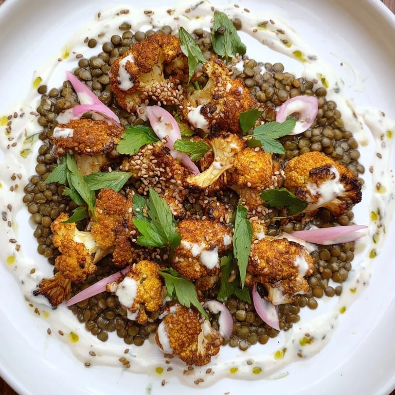 A serving of vegetarian Roasted Cauliflower With Lemon Lentil Cumin Tahini Yogurt features a dollop of tangy sauce and fresh herbs for a Mediterranean-inspired dinner.