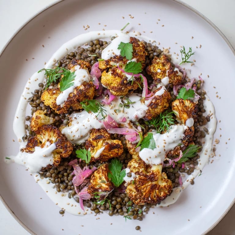 Caramelized cauliflower and green lentils are arranged on a platter, garnished with sesame seeds and lemon wedges, showcasing this easy, gluten-free main dish.