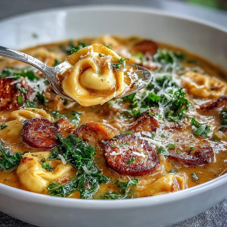 A bowl of Pumpkin Tortellini Soup with sausage and kale, topped with Parmesan and parsley.