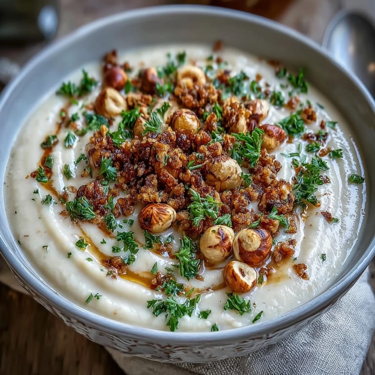 Hearty Celeriac Soup With Hazelnut Crumble topped with crunchy hazelnut mixture, beside a slice of crusty bread on a wooden table.