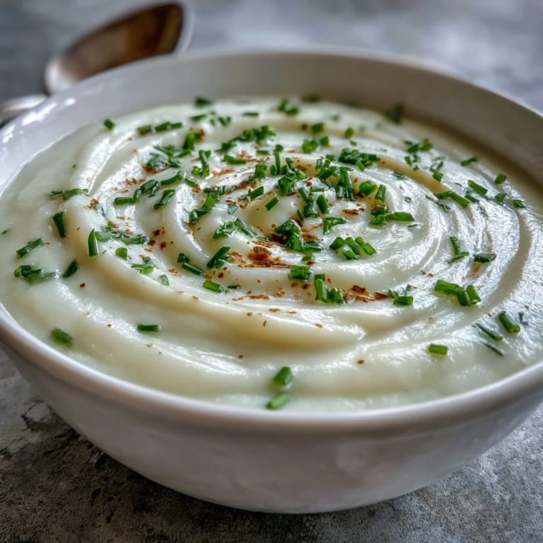 Warm Creamy Celery Root Bisque topped with parsley and a drizzle of rich cream.