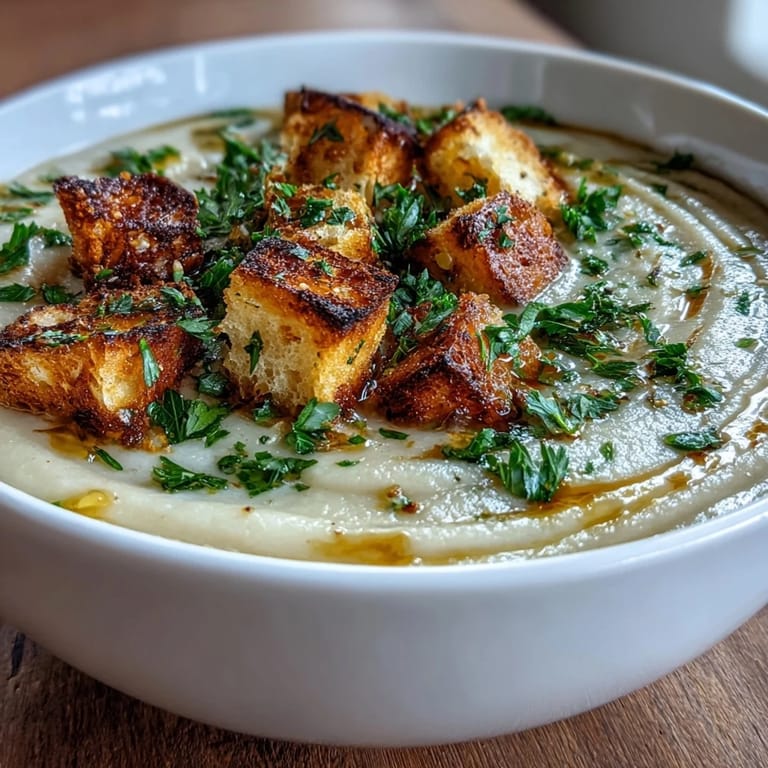 A bowl of creamy Roasted Garlic Soup sits beside a crusty bread slice, with steam rising from the velvety orange broth.