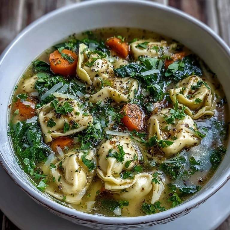 Creamy Easy Tortellini Soup with Chicken Broth and spinach, served in a rustic bowl alongside crusty bread for dipping.