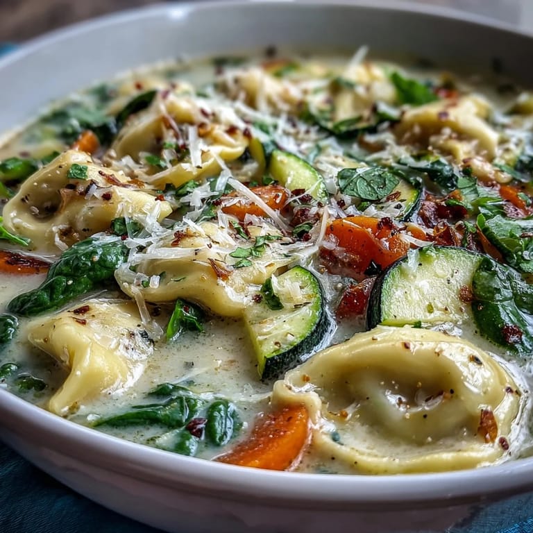 Spooning into steaming Creamy Vegetable Tortellini Soup, highlighting tender vegetables, herb-infused broth, and a splash of heavy cream.