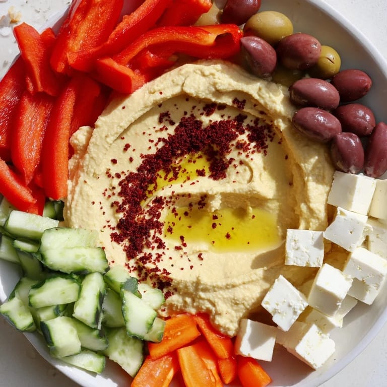 Easy-to-make Middle Eastern Mezze Platter showcases golden pita wedges, crisp carrots and cucumbers, tangy feta, and olives on a rustic wooden board.