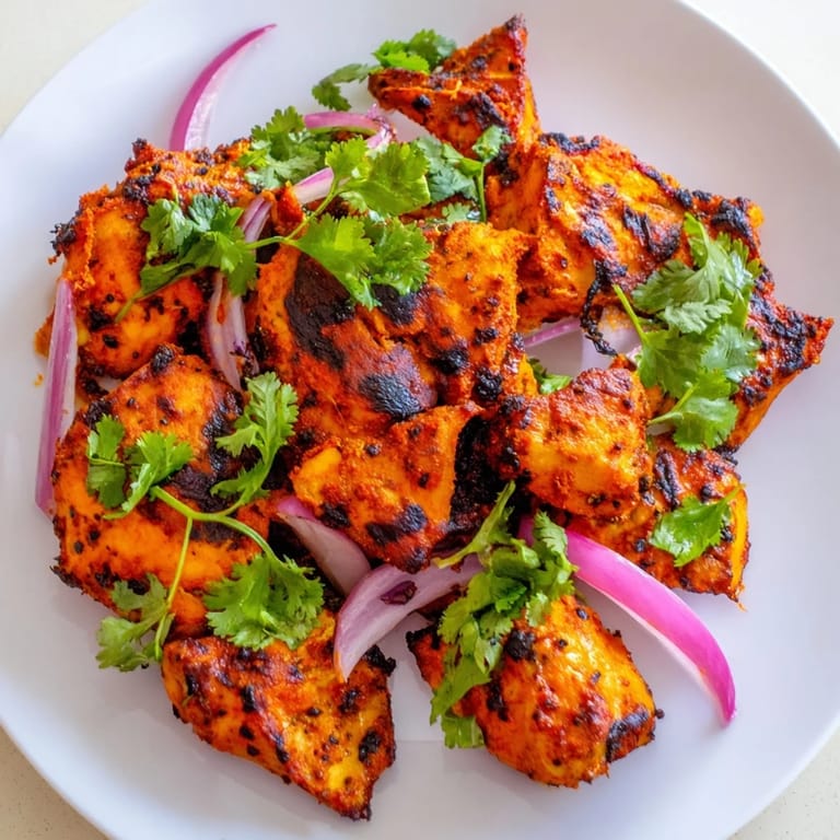 Vibrant Indian Tikka Spiced Chicken thighs with a crispy char, served hot alongside fluffy basmati rice and warm naan bread.  