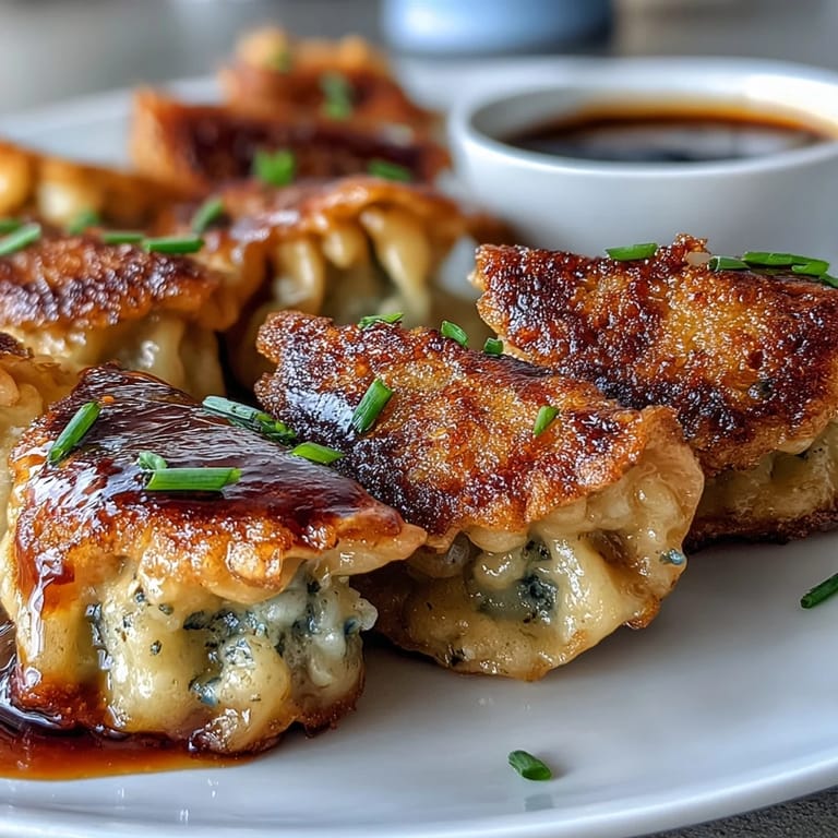 A close-up of smash dumplings on a plate, showcasing their pan-fried texture next to chopsticks.