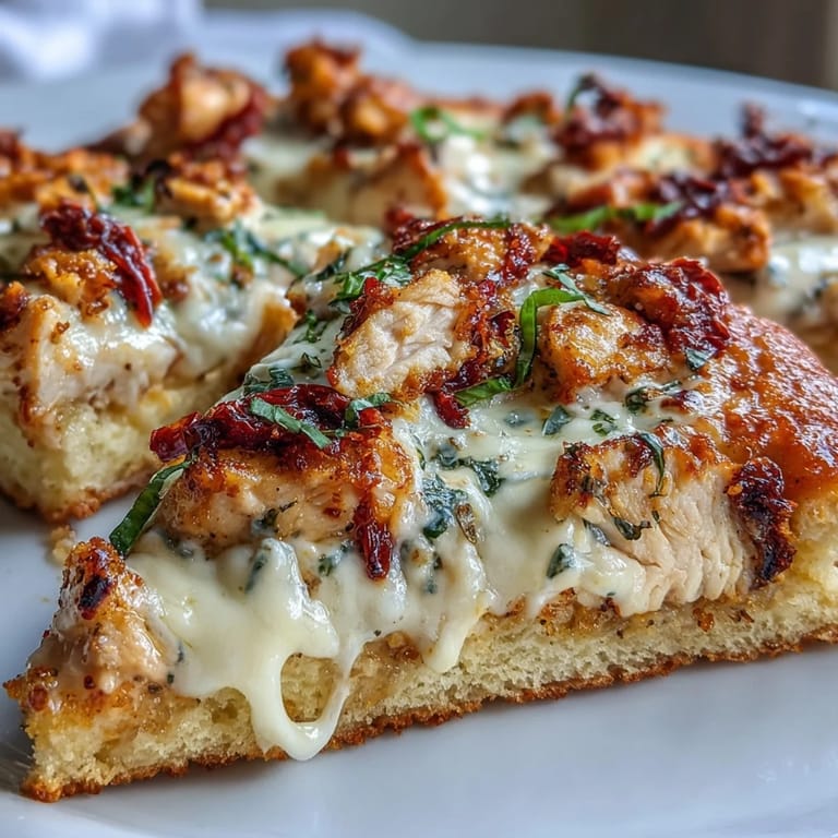 A close-up of Marry Me Chicken Pizza slice, featuring savory chicken and fresh basil on a cheesy, bubbling surface.