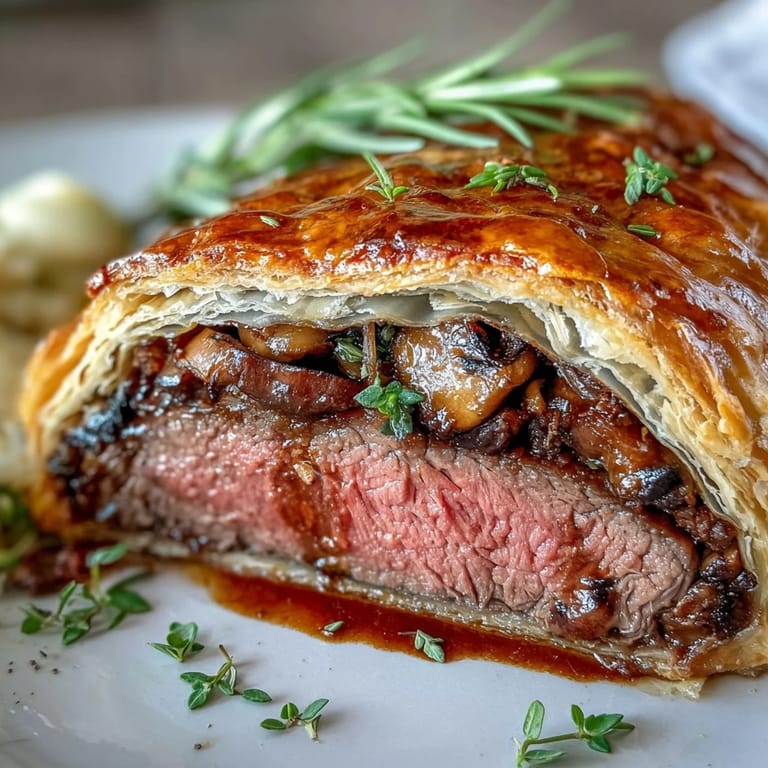 Sliced Beef Wellington revealing tender fillet and mushroom duxelles, served with red wine sauce.