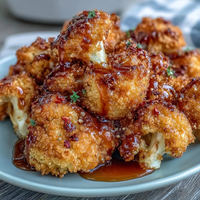 A serving bowl of Crunchy Baked Hot Honey Cauliflower garnished with herbs, ready to eat.