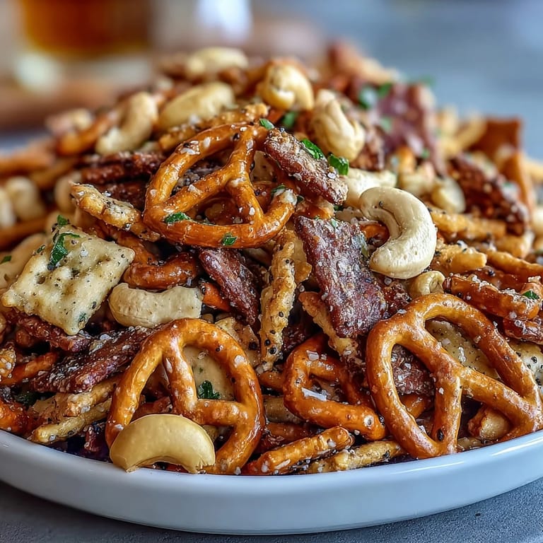 Freshly baked Everything Ranch Cheese and Pretzel Snack Mix cooling on a baking sheet, ready for hungry party guests.