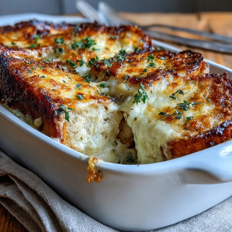 Sliced Croque Monsieur Casserole revealing layers of ham, bread, and creamy béchamel sauce.