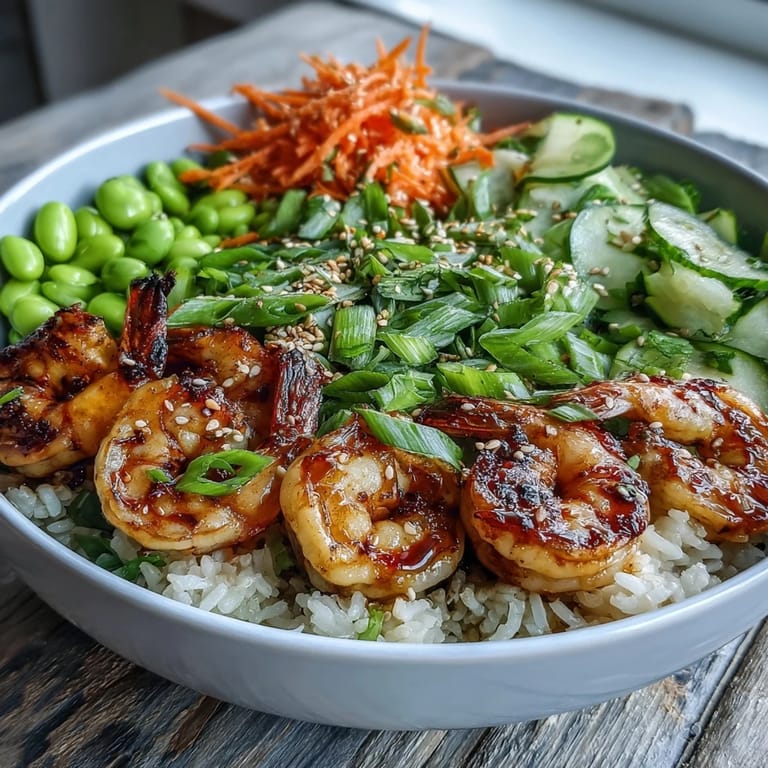 An Asian Shrimp Bowl garnished with scallions and sesame seeds, ready to serve with chopsticks for a quick, healthy meal.