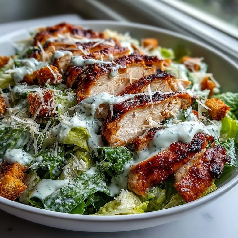 Creamy homemade Caesar dressing is drizzled over a hearty Caesar Chicken Bowl, showcasing golden croutons and bright greens for a perfect protein-packed lunch.