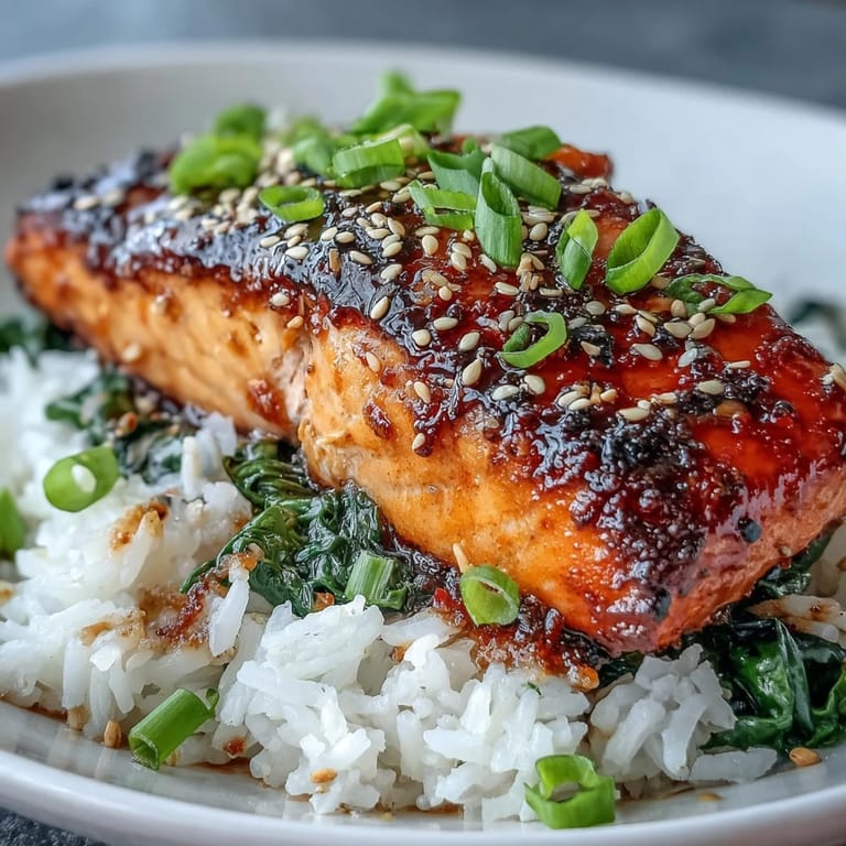 A serving of Miso Glazed Salmon Bowl topped with fresh green onions, sesame seeds, and nori, ready to eat with chopsticks.