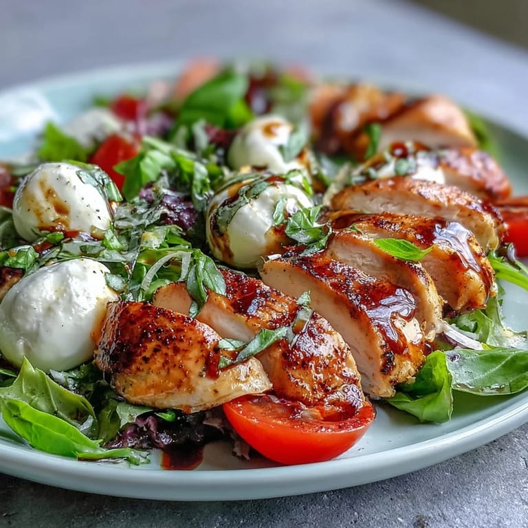 Colorful Caprese Chicken Bowl featuring tender chicken, mozzarella, tomatoes, and basil on greens, finished with tangy balsamic drizzle.