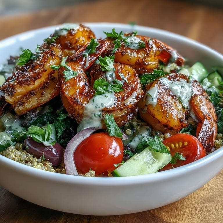 Ready-to-eat Mediterranean Shrimp Bowl served over greens with olives, tomatoes, cucumber, and a generous lemony tahini drizzle.