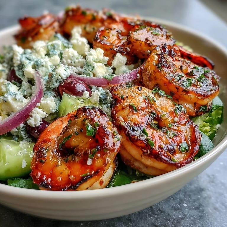 A Greek Shrimp Bowl drizzled with lemon-olive oil dressing and served over crisp mixed greens.