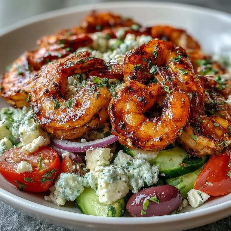 Close-up of a Greek Shrimp Bowl featuring juicy grilled shrimp, diced cucumbers, and briny olives.