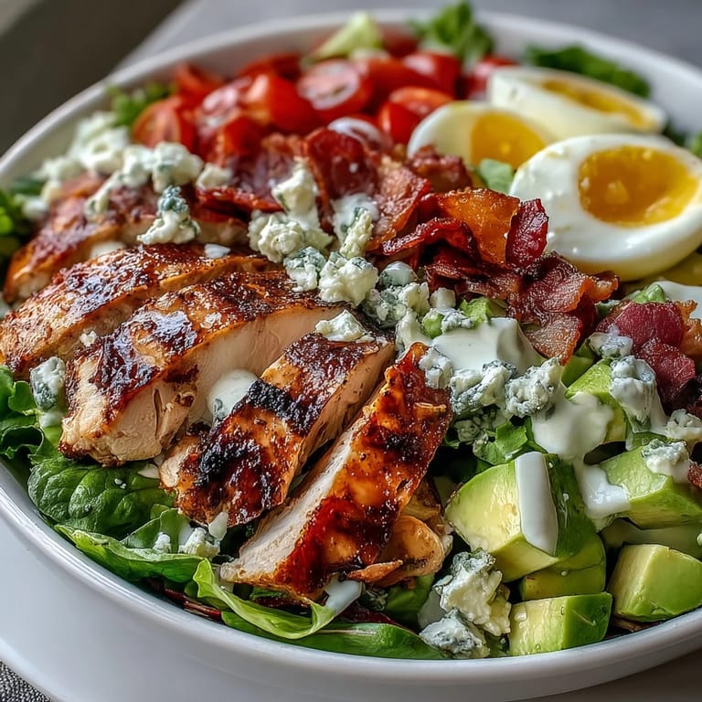 Hearty Cobb Salad Bowl featuring juicy sliced chicken, smoky bacon, diced avocado, and ripe tomatoes, perfect for an easy American-style dinner.