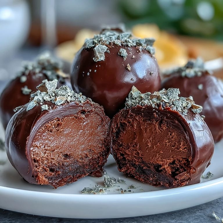 Stacked Hojicha Truffles with glossy ganache centers and cocoa powder coating on a wooden board.