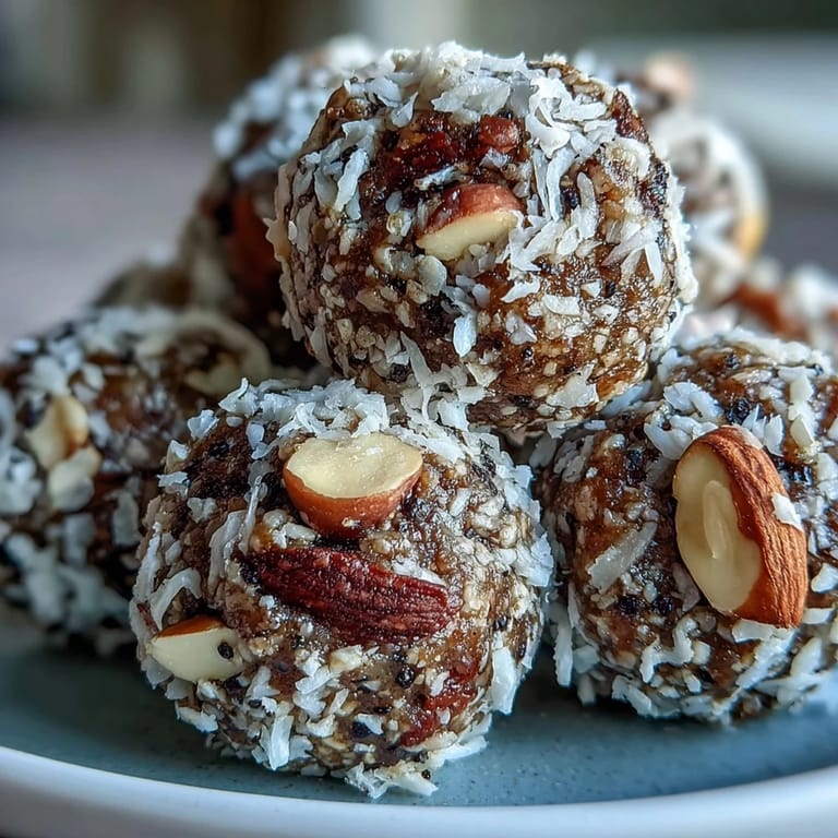 Twelve Hojicha Energy Balls arranged on a platter with dates and almonds, perfect for a quick vegan and gluten-free pick-me-up. 