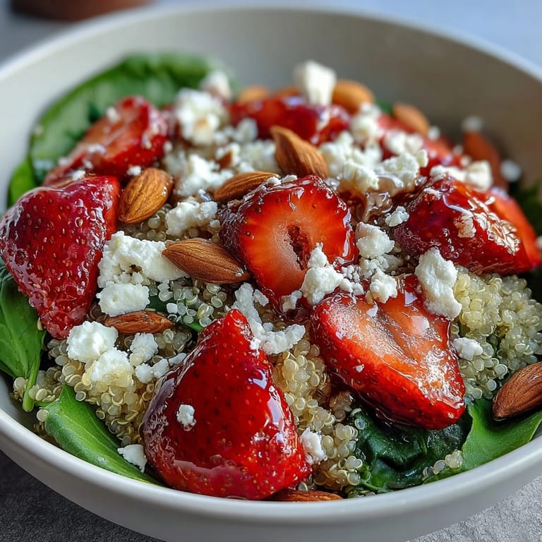 Colorful strawberry feta quinoa salad, a hearty vegetarian dish perfect for spring lunches or picnics.  