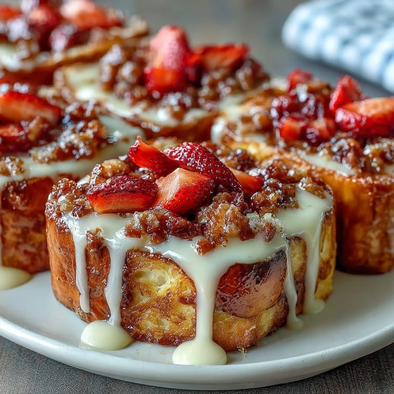 A baked French toast casserole featuring juicy strawberries, creamy vanilla custard, and a buttery streusel, perfect for an easy spring brunch centerpiece.