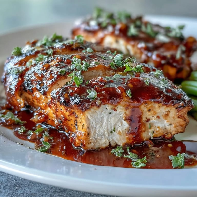 Juicy chicken breasts coated in a sweet and tangy honey-mustard glaze, paired with crisp green beans in a simple one-pan meal.