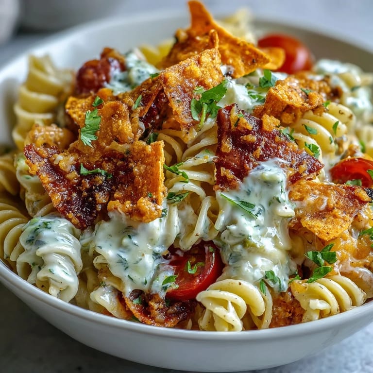 Colorful Taco Pasta Salad with Doritos and Avocado Ranch, featuring fresh veggies, black beans, and zesty dressing.  