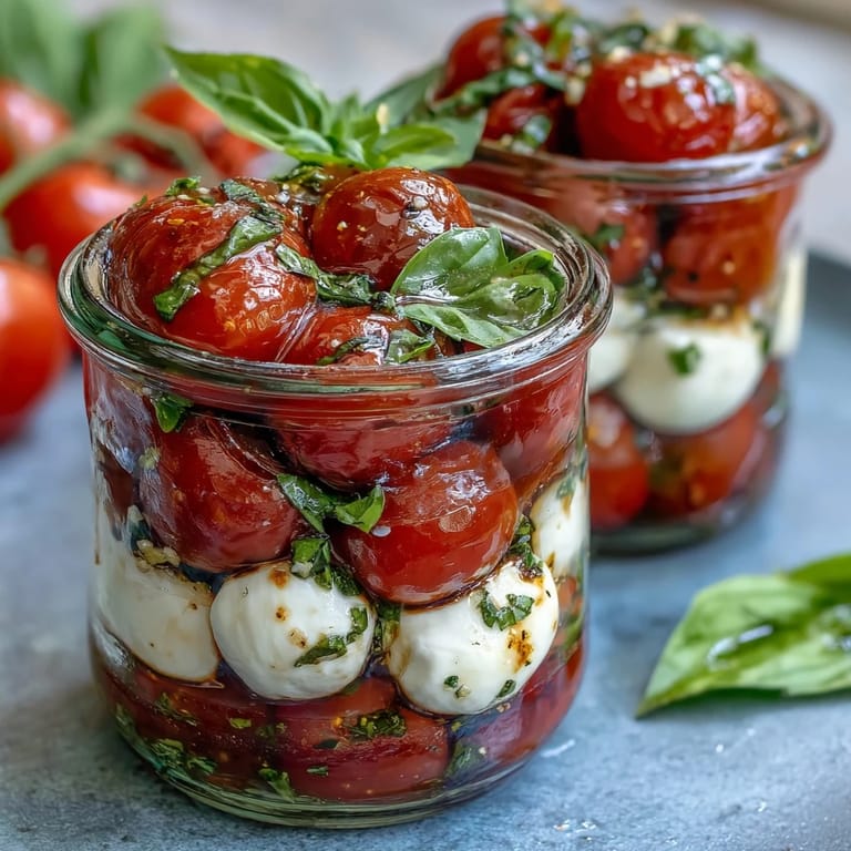 Portable mason jar Caprese salad featuring vibrant tomatoes, creamy mozzarella, and fragrant basil in olive oil dressing.