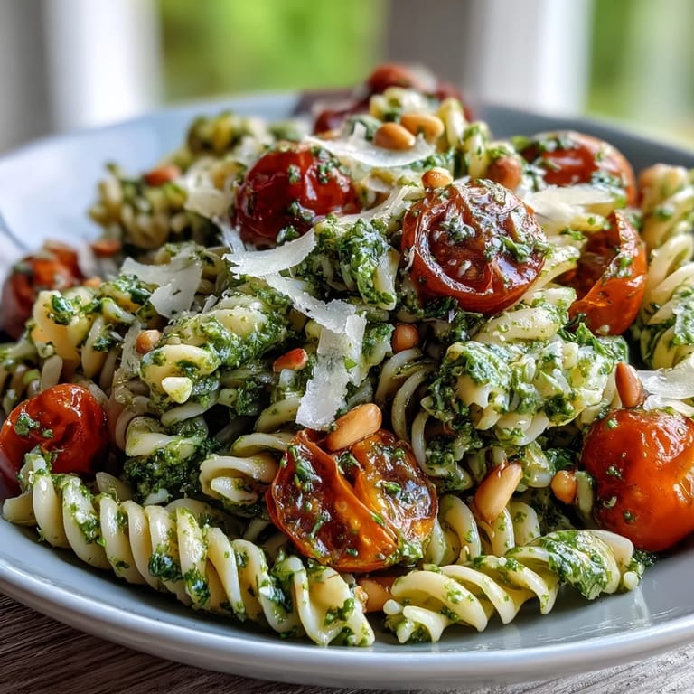 Creamy basil pesto coats al dente pasta with juicy cherry tomatoes and fresh arugula for a vibrant dish.  
