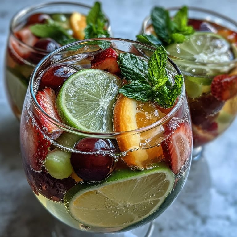 Refreshing non-alcoholic sangria featuring white grape juice, citrus slices, and strawberries—ideal for spring brunches and picnics.