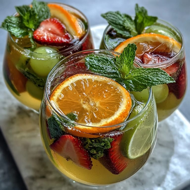 Colorful Spring Sangria Mocktail with White Grape and Citrus, sparkling with soda and garnished with fresh herbs.