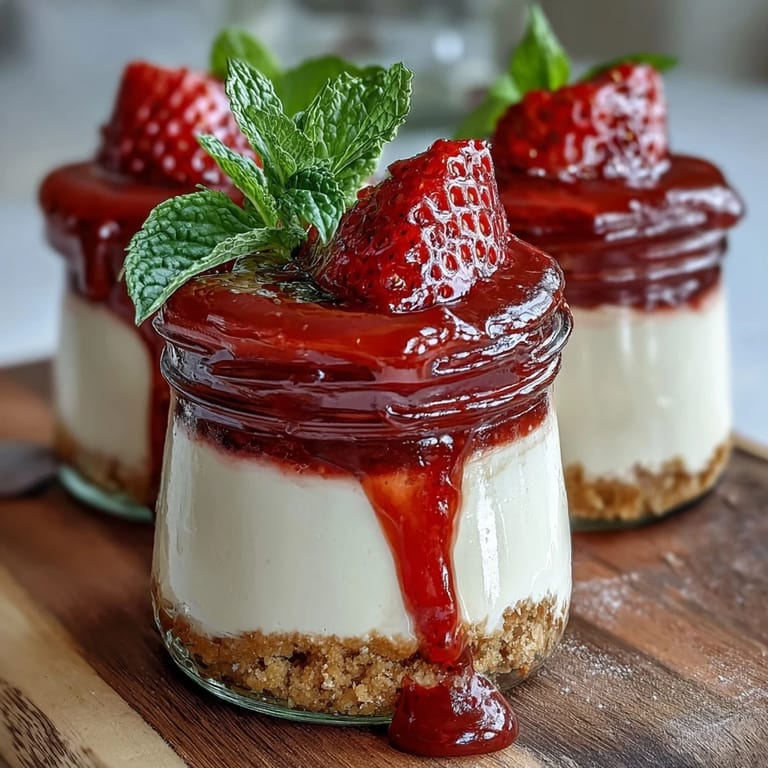 Layered No-Bake Strawberry Cheesecake Jars featuring buttery graham crust, smooth cheesecake, and vibrant strawberry topping.  