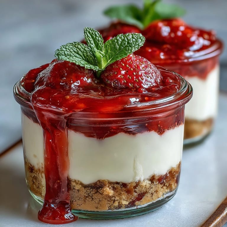 Individual No-Bake Strawberry Cheesecake Jars garnished with fresh strawberries and mint, perfect for spring gatherings.