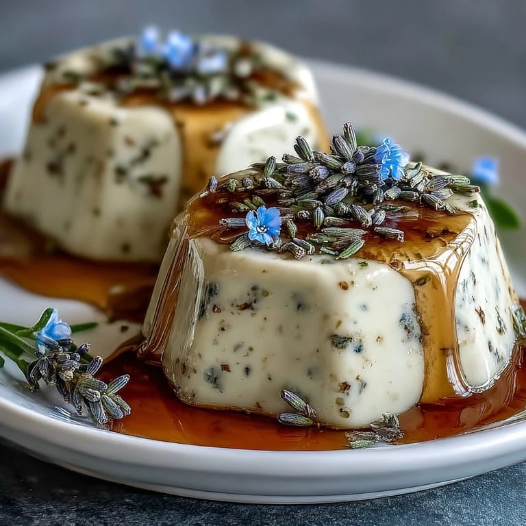 Creamy panna cotta infused with fragrant lavender and drizzled with golden honey, perfect for spring dessert.