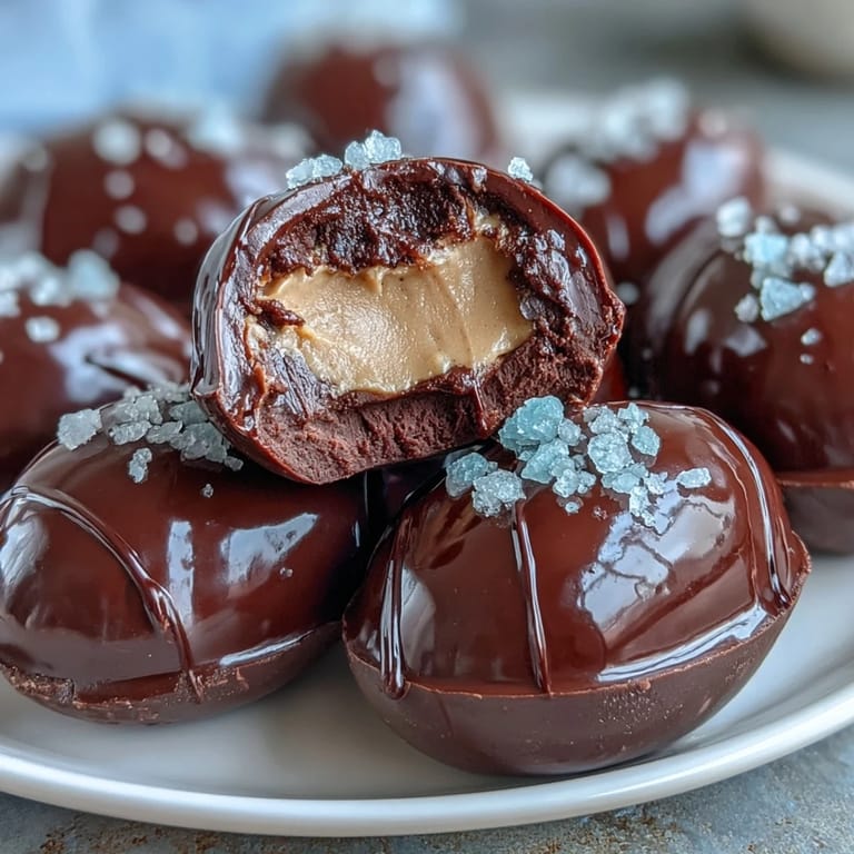 Homemade dark chocolate peanut butter Easter eggs topped with sea salt, ideal for festive dessert tables.