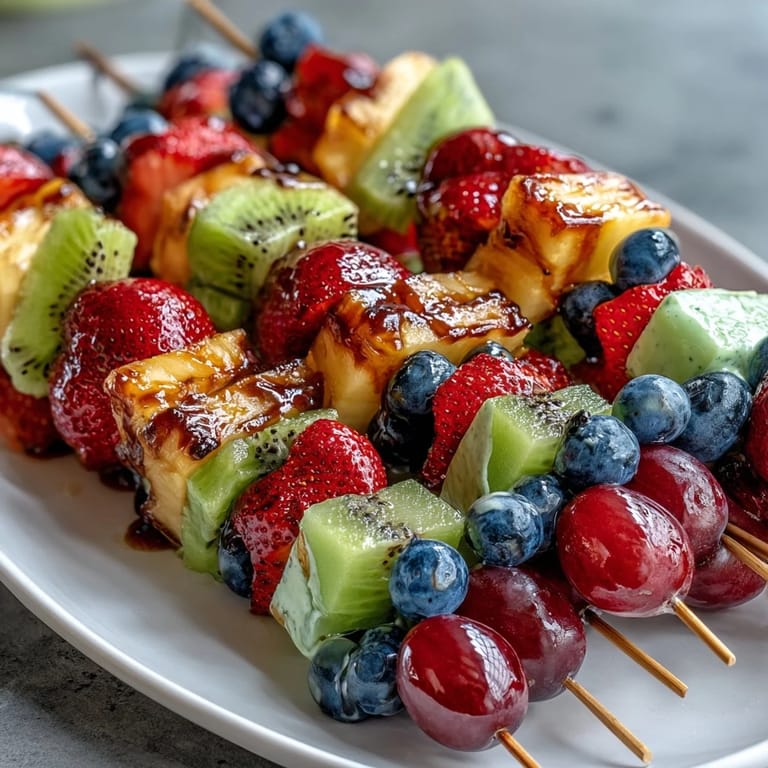 Rainbow Fruit Skewers with Honey Dip: a bright, healthy snack featuring an array of seasonal fruits and a smooth, tangy honey dip.