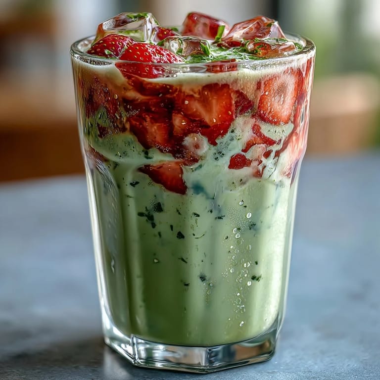 Creamy oat milk Strawberry Matcha Latte with bright red strawberry base and vibrant green matcha top.