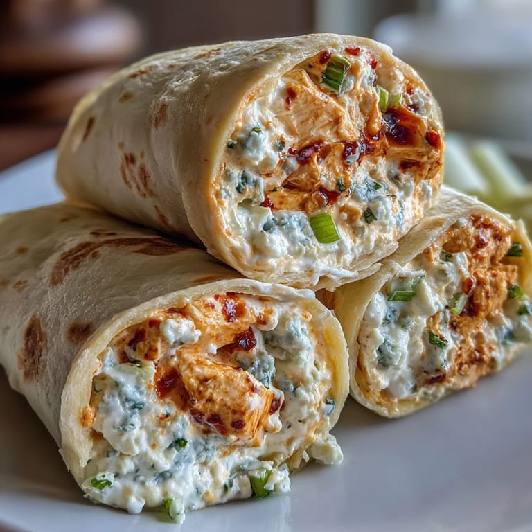 Spicy Buffalo chicken and creamy cheese pinwheels served chilled, garnished with chopped green onions and a side of celery.
