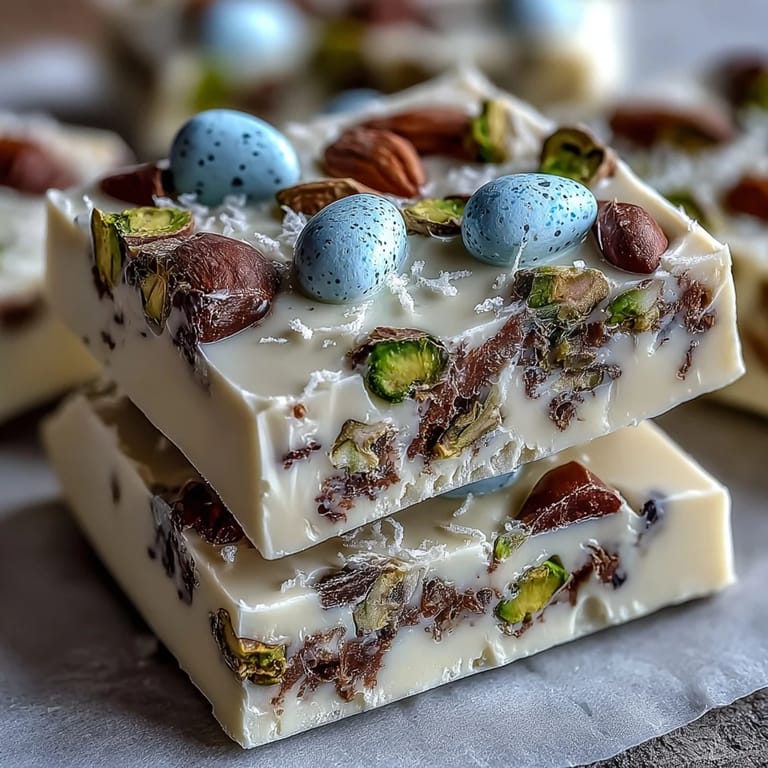 Delightful white chocolate bark featuring colorful Easter eggs and nutty pistachios, ideal for festive holiday gatherings.