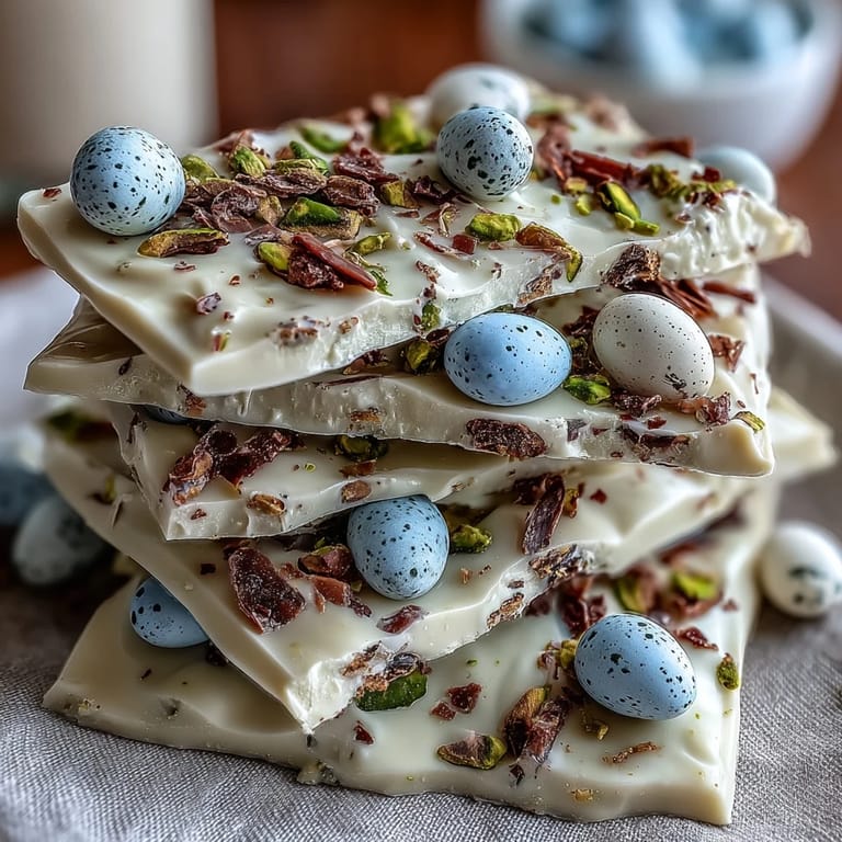 Festive white chocolate bark with pastel Easter eggs and pistachios, creating a crunchy, sweet treat for Easter festivities.