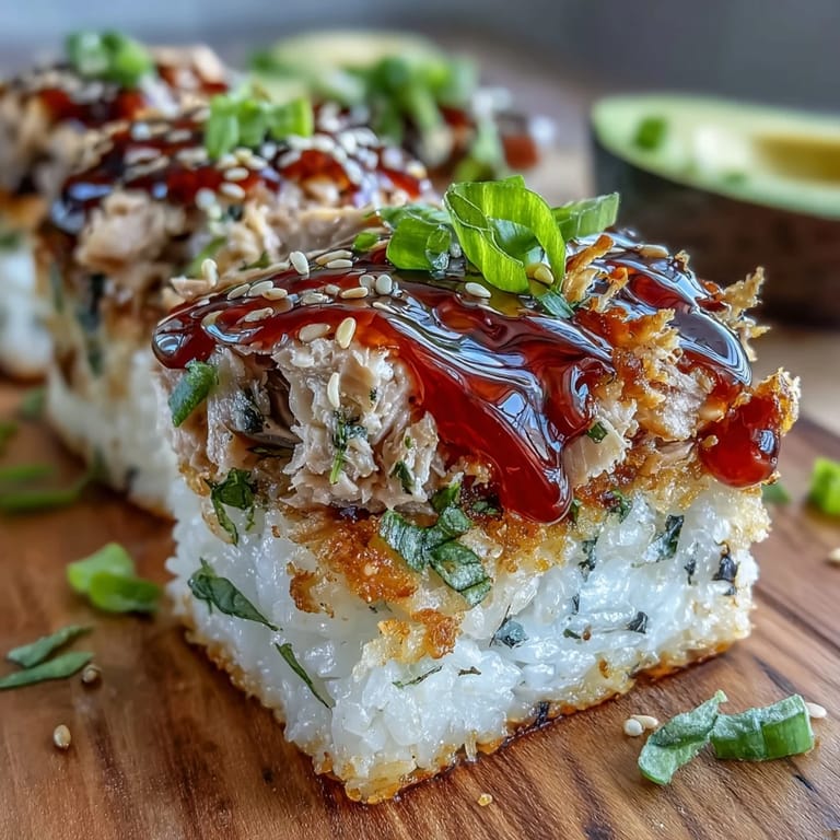 Golden fried sushi rice bites with spicy tuna and sesame seeds, delivering a perfect crunch and creamy texture.