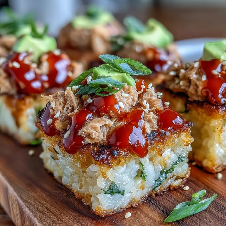 Elegant appetizer of crispy rice topped with spicy tuna, garnished with green onions and microgreens for a fresh finish.